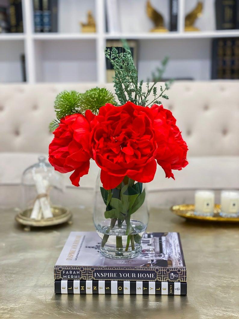 Valentine Flower Arrangement-Floral Arrangement/Centerpiece-Red Arrangement-Real Touch Peony Arrangement-Tall Arrangement - Flovery