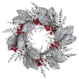 24-in Snowed Magnolia Leaf Berry Wreath Green White