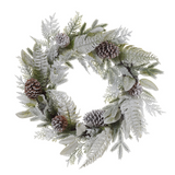 24" Snowed Pine Cone/Fern/ Pine Wreath White Green