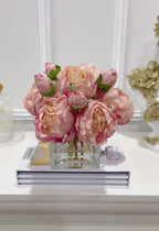 Finest Silk Peonies Everlasting Flower Centerpiece In Square Glass Vase