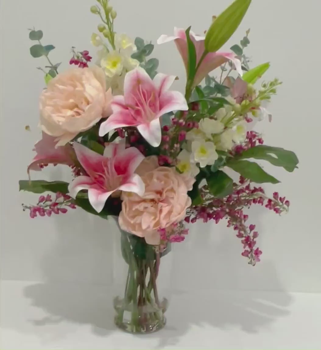 XLarge Exclusive Real Touch Pink French Flower Centerpiece In Glass Vase