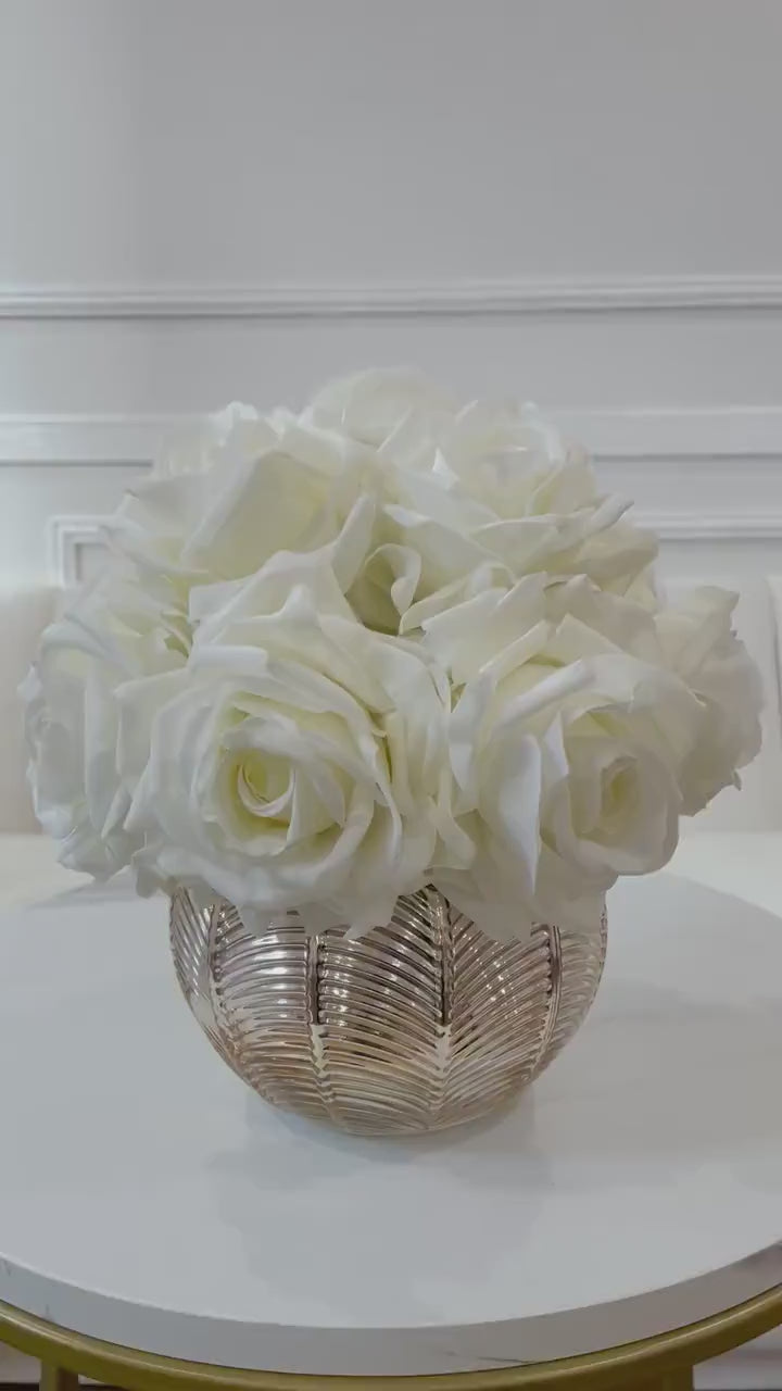 Medium Premium Real Touch White Rose Arrangement in Gold Vase