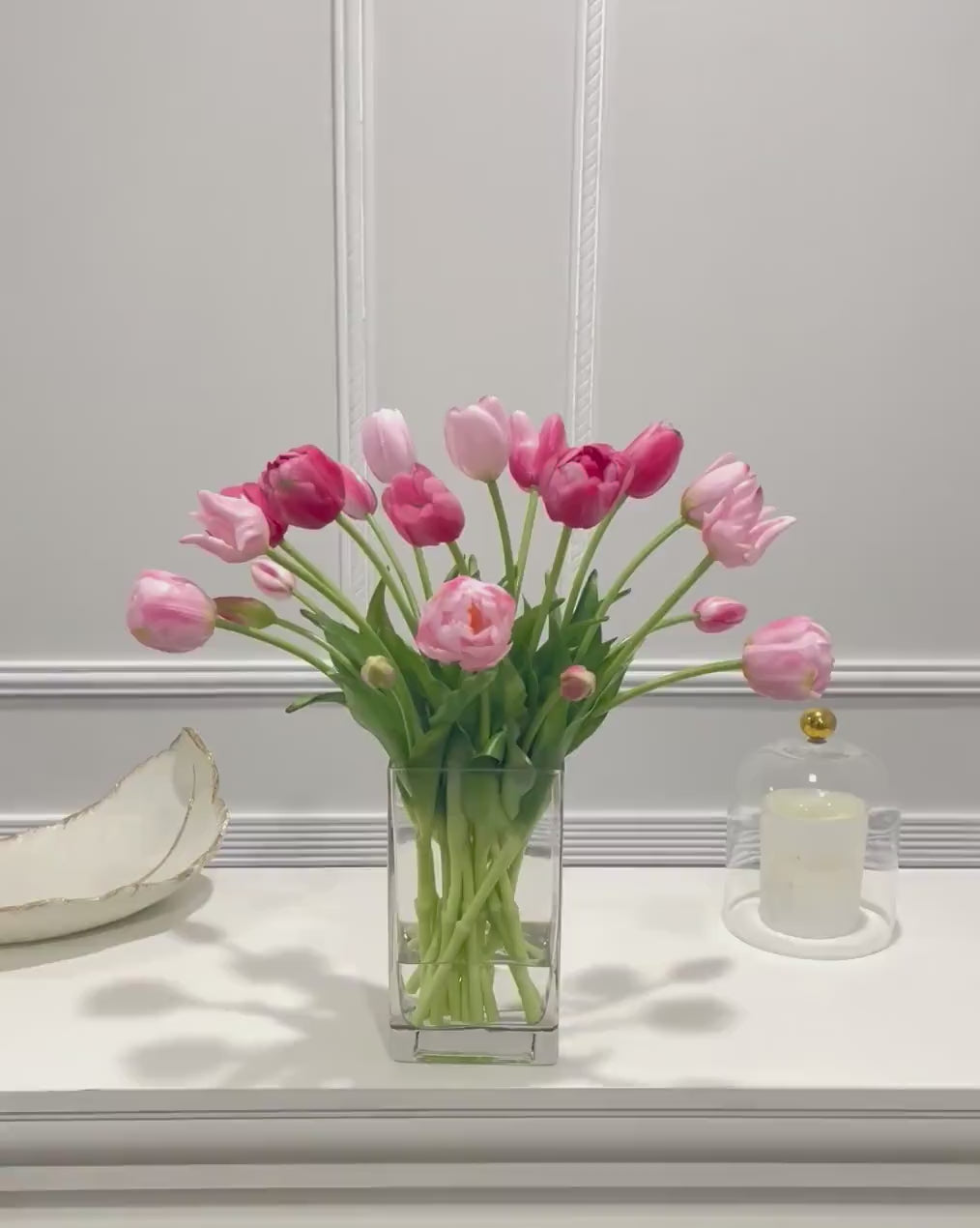 Peony Tulip Arrangement in Square Glass Vase