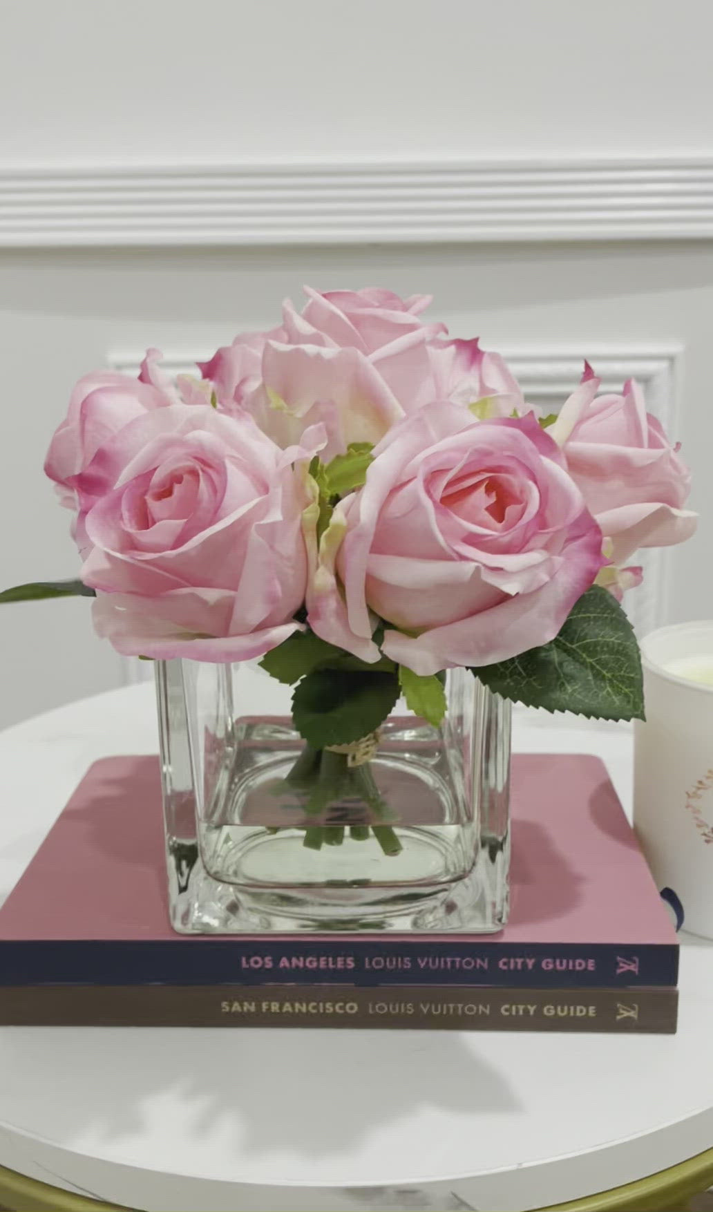 Real Touch Pink Roses Arrangement Square Glass