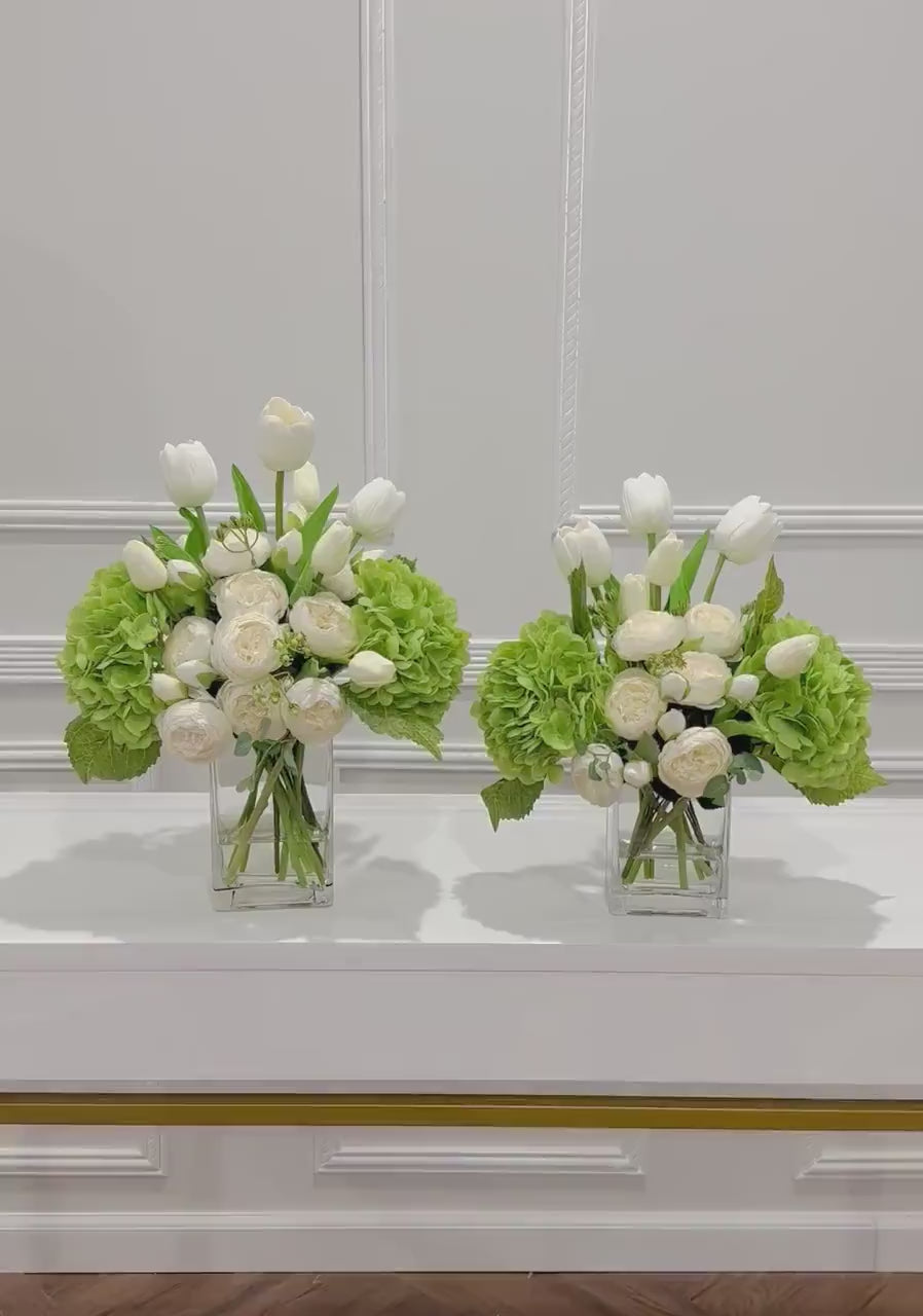 17-in Real Touch Hydrangea Peony Tulip Centerpiece in Glass Vase