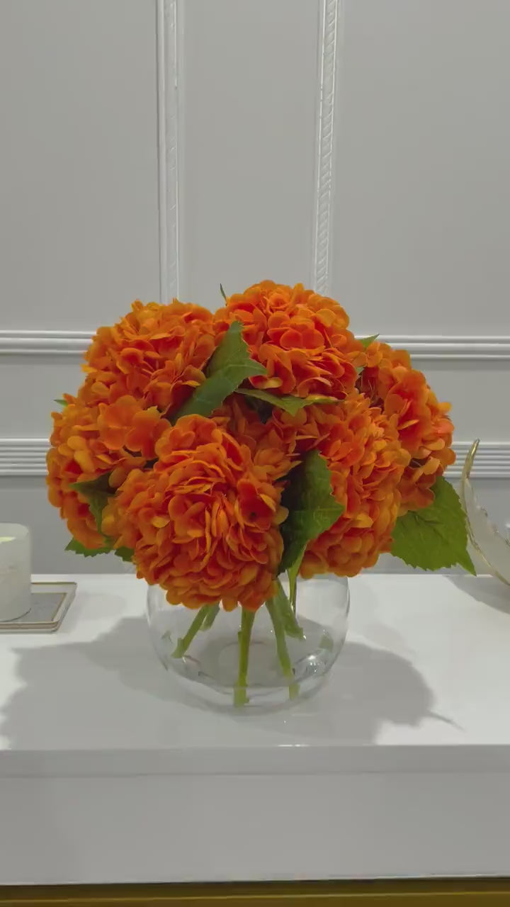 Large Real Touch Orange Hydrangea Arrangement in Round Glass Vase