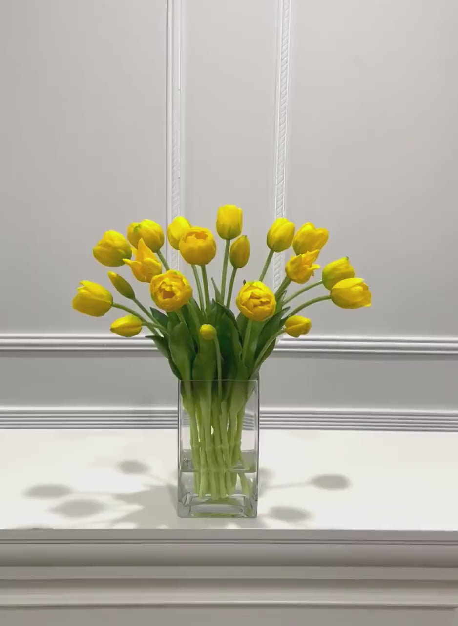 Peony Tulip Arrangement in Square Glass Vase