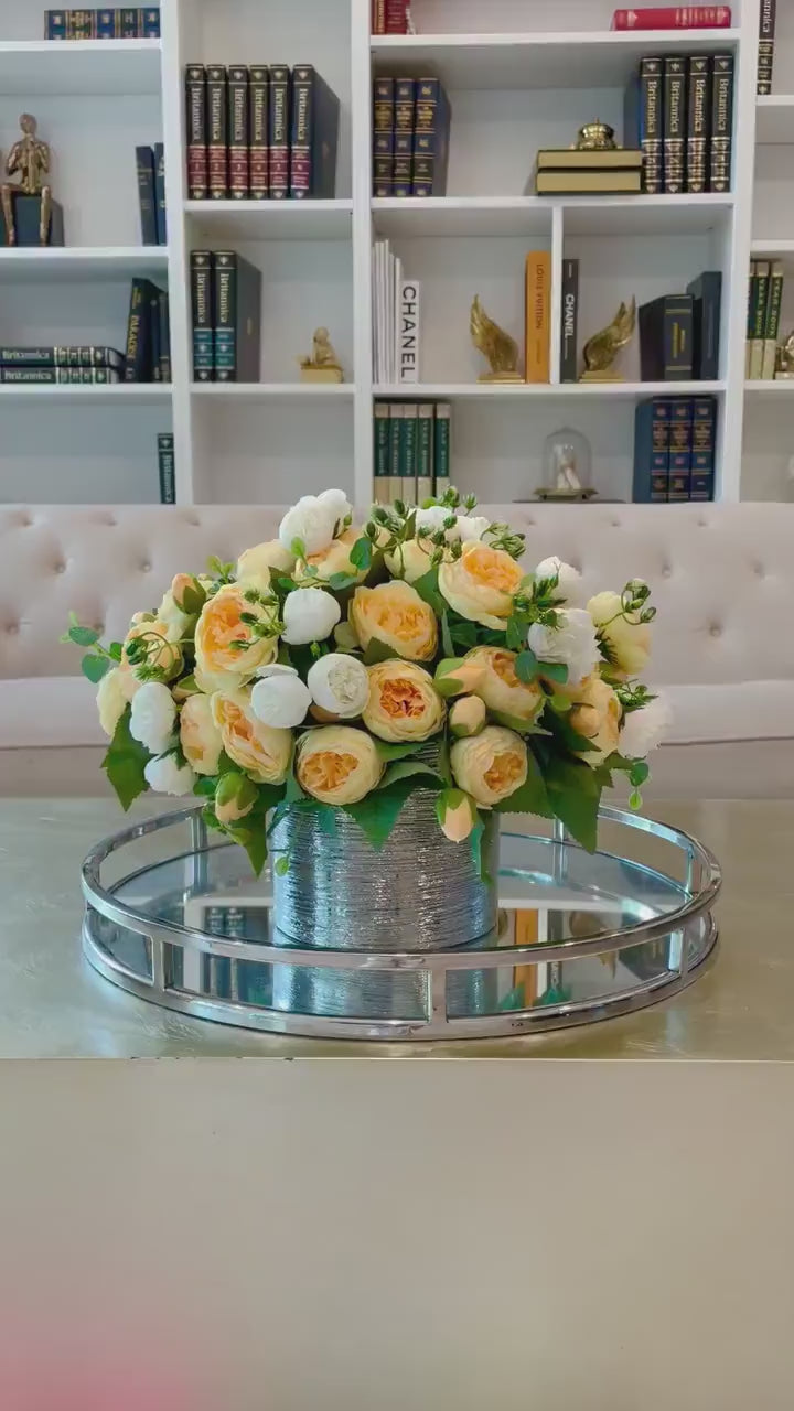 Modern Yellow White Silk Peony Centerpiece In Silver Ceramic Vase