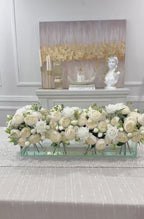 24-in Modern White Rose Peony Arrangement in Long Glass Vase