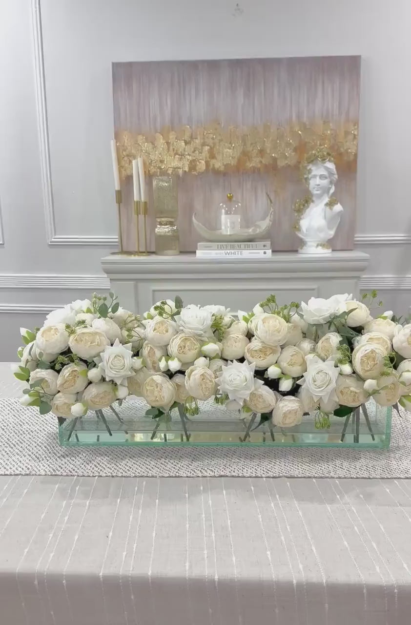 24-in Modern White Rose Peony Arrangement in Long Glass Vase