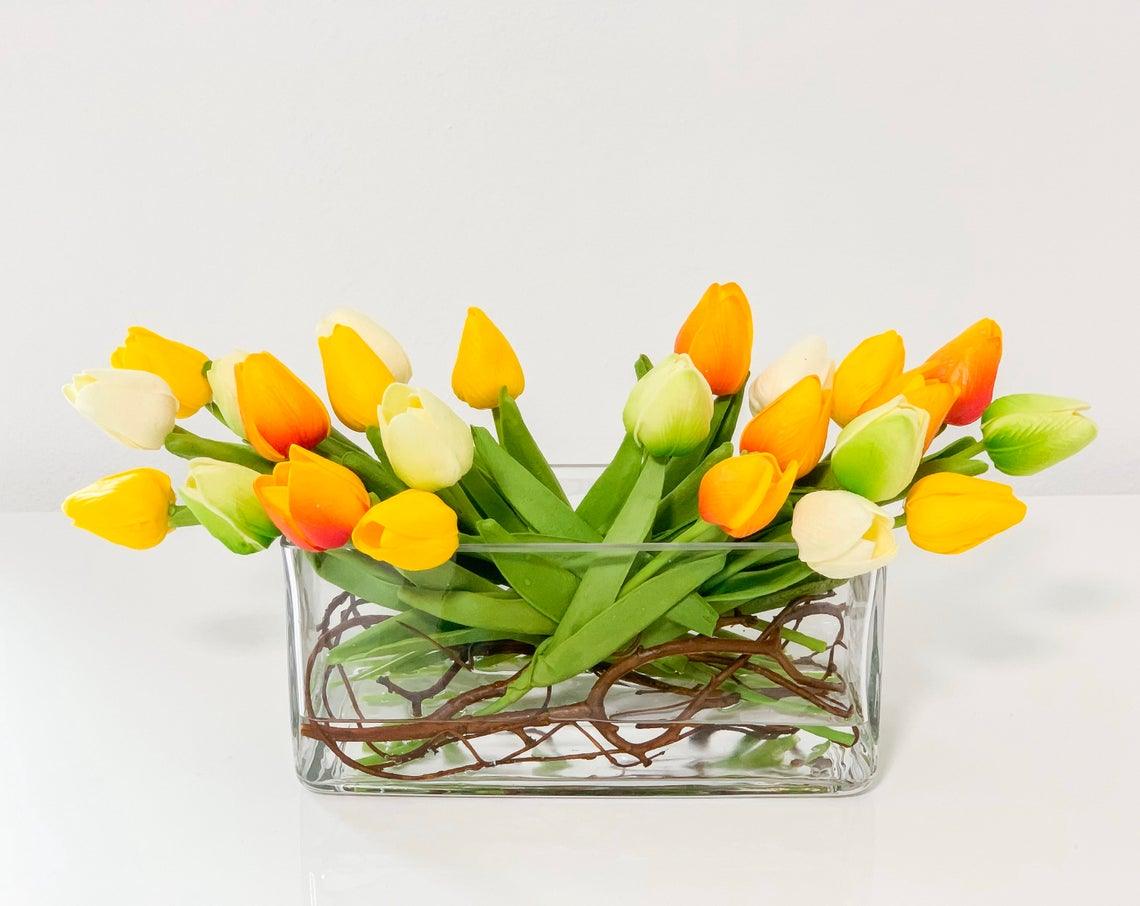 Green/White/Yellow/Orange Tulip Real Touch Flower Arrangement-Real Touch Tulips for Home Decor-Floral Arrangement-Tulip Centerpieces - Flovery Main image