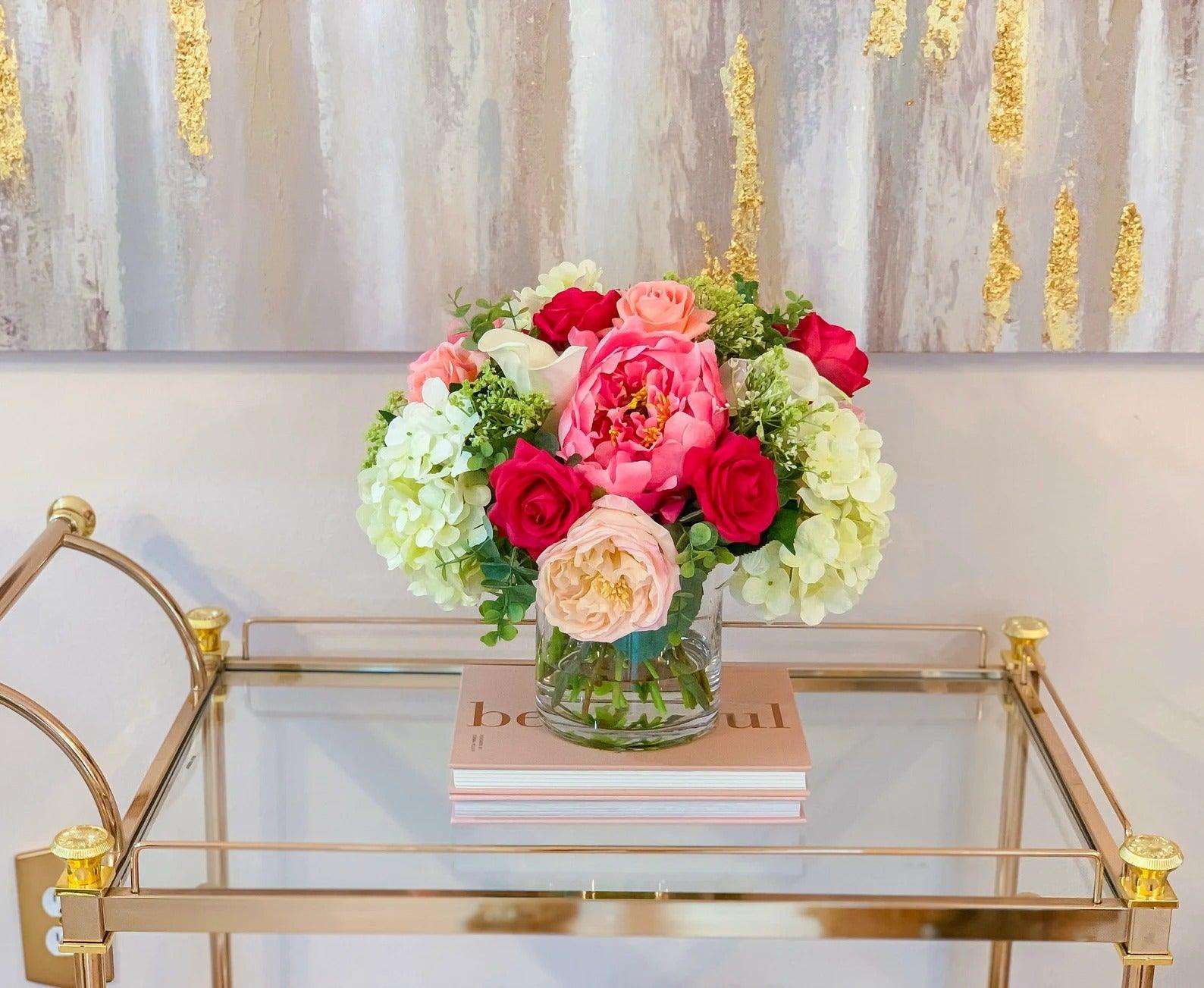 Real Touch Rose, Calla Lily, Tulip Mixed Hydrangea Centerpiece Arrangement - Flovery Main image