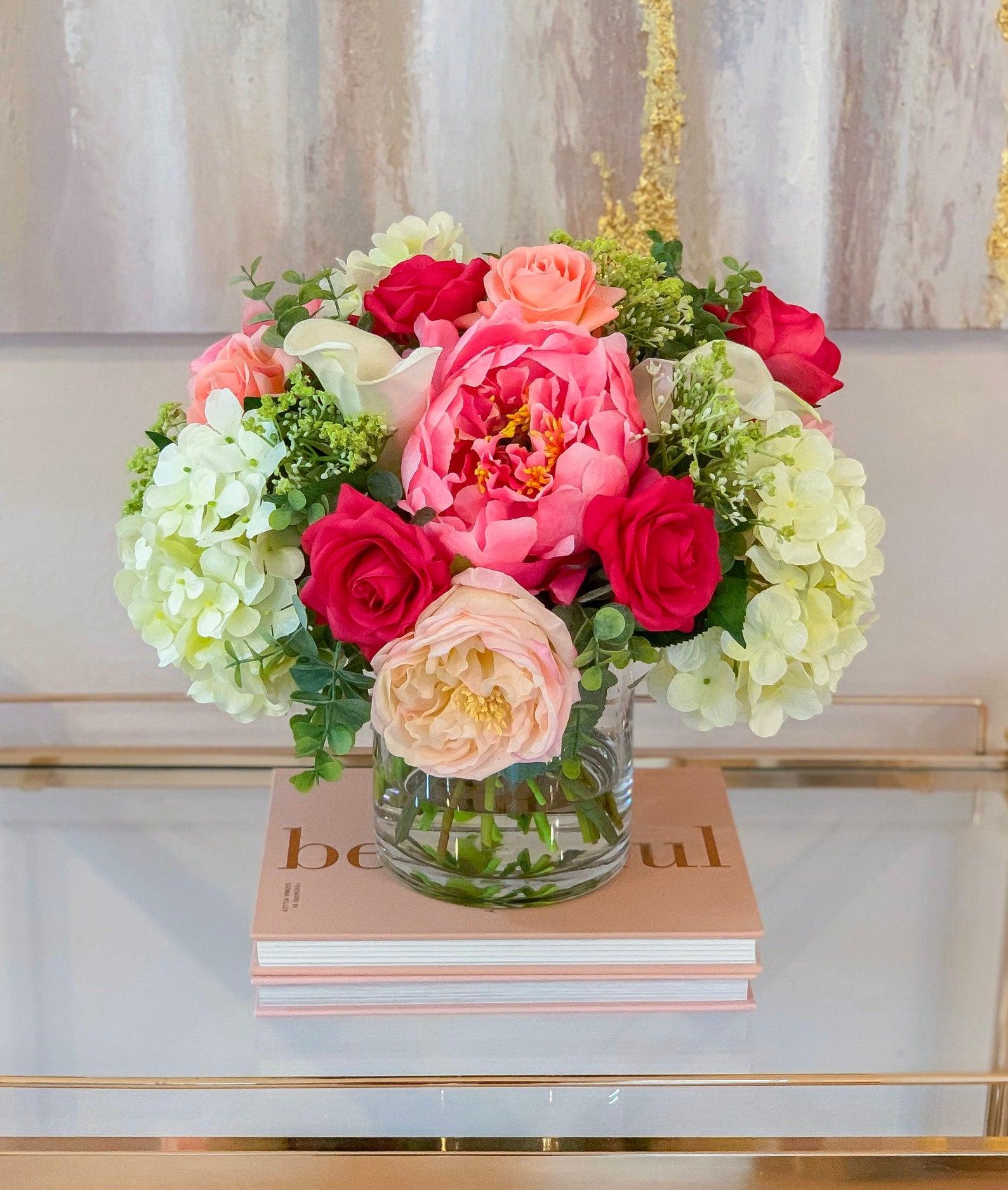 Real Touch Rose, Calla Lily, Tulip Mixed Hydrangea Centerpiece Arrangement - Flovery