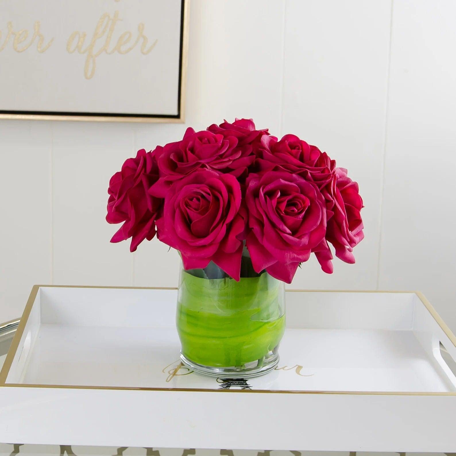 Forever Love Real Touch Magenta Roses with Leaves Arrangement - Flovery Main image