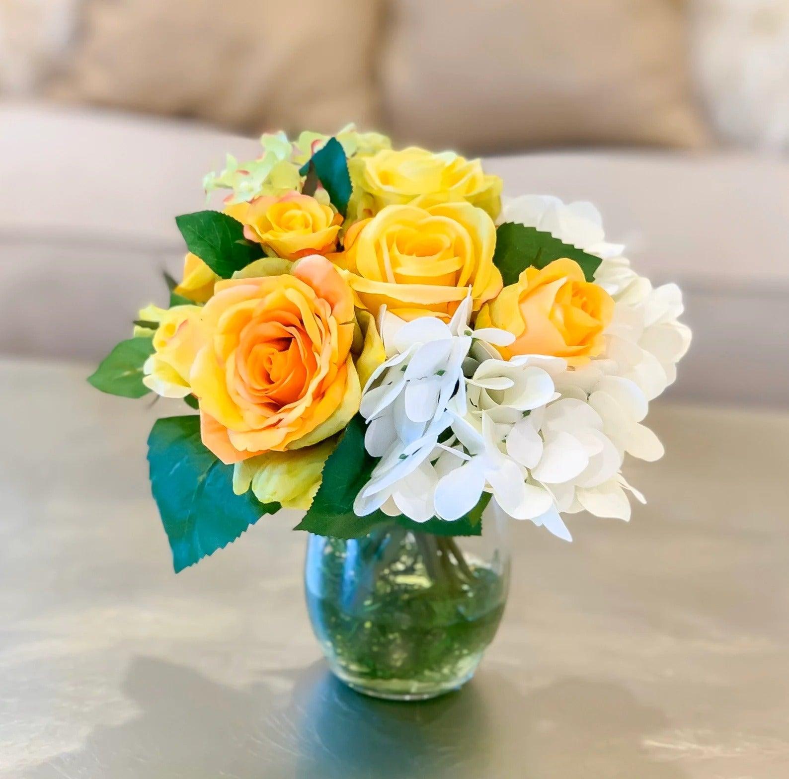 Silk Hydrangea with Yellow Rose Arrangement - Flovery Main image