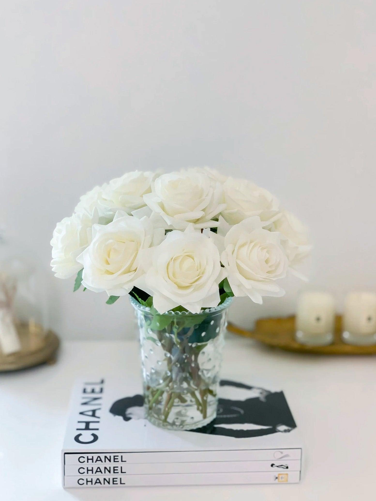 Real Touch White Rose Arrangement in Dotted Glass Vase Secondary image