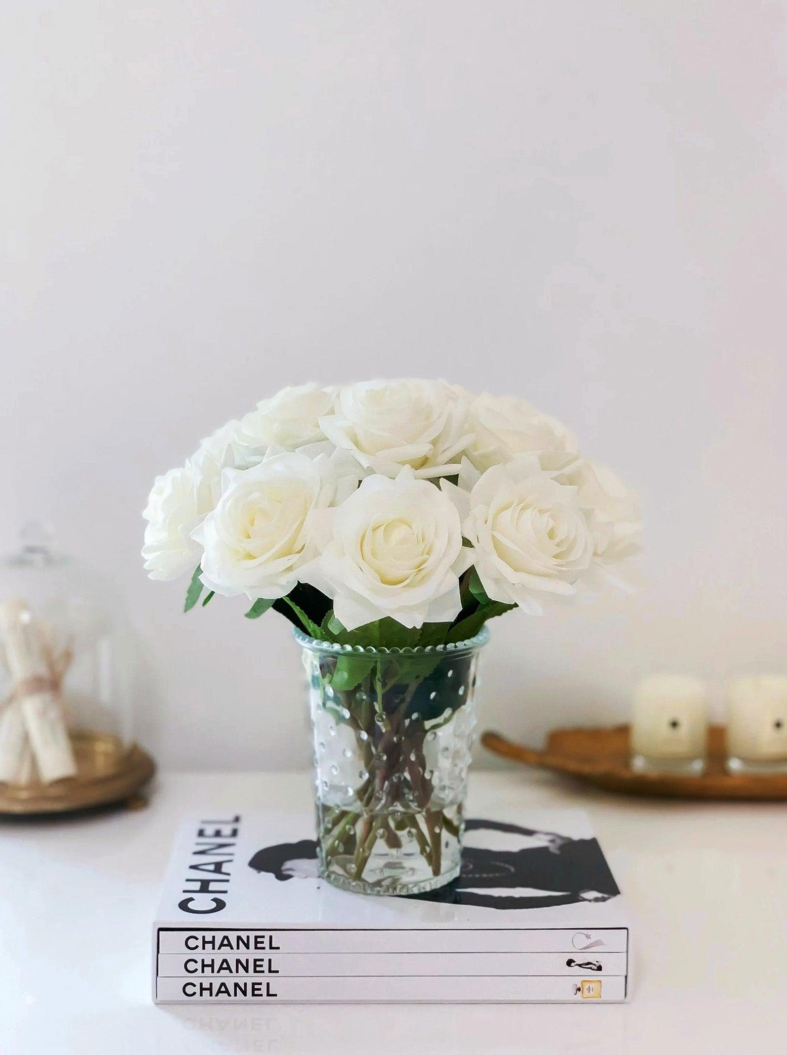 Real Touch White Rose Arrangement in Classic Glass Vase - Flovery