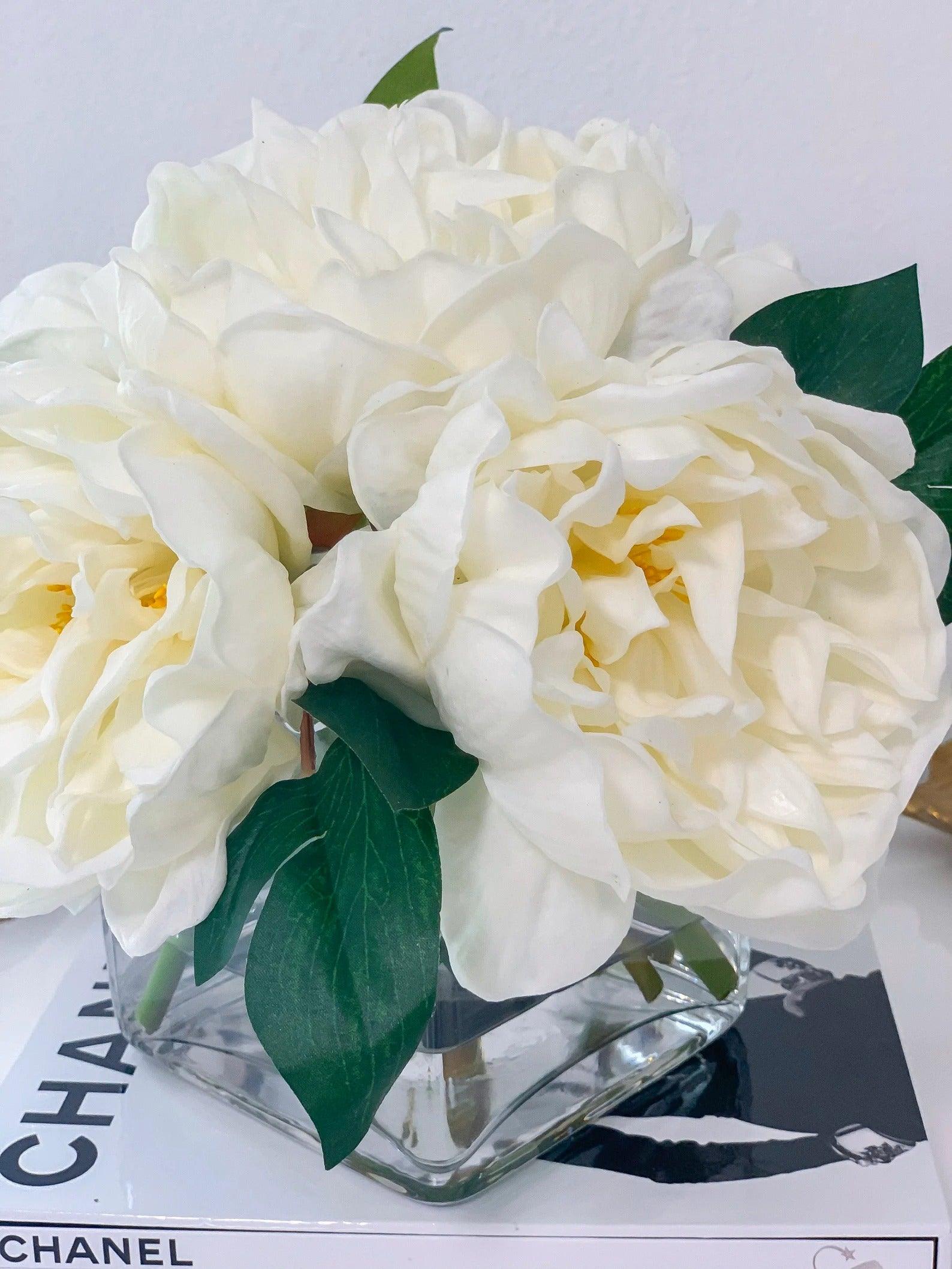 Real Touch White Large Peony Arrangement in Square Vase - Flovery