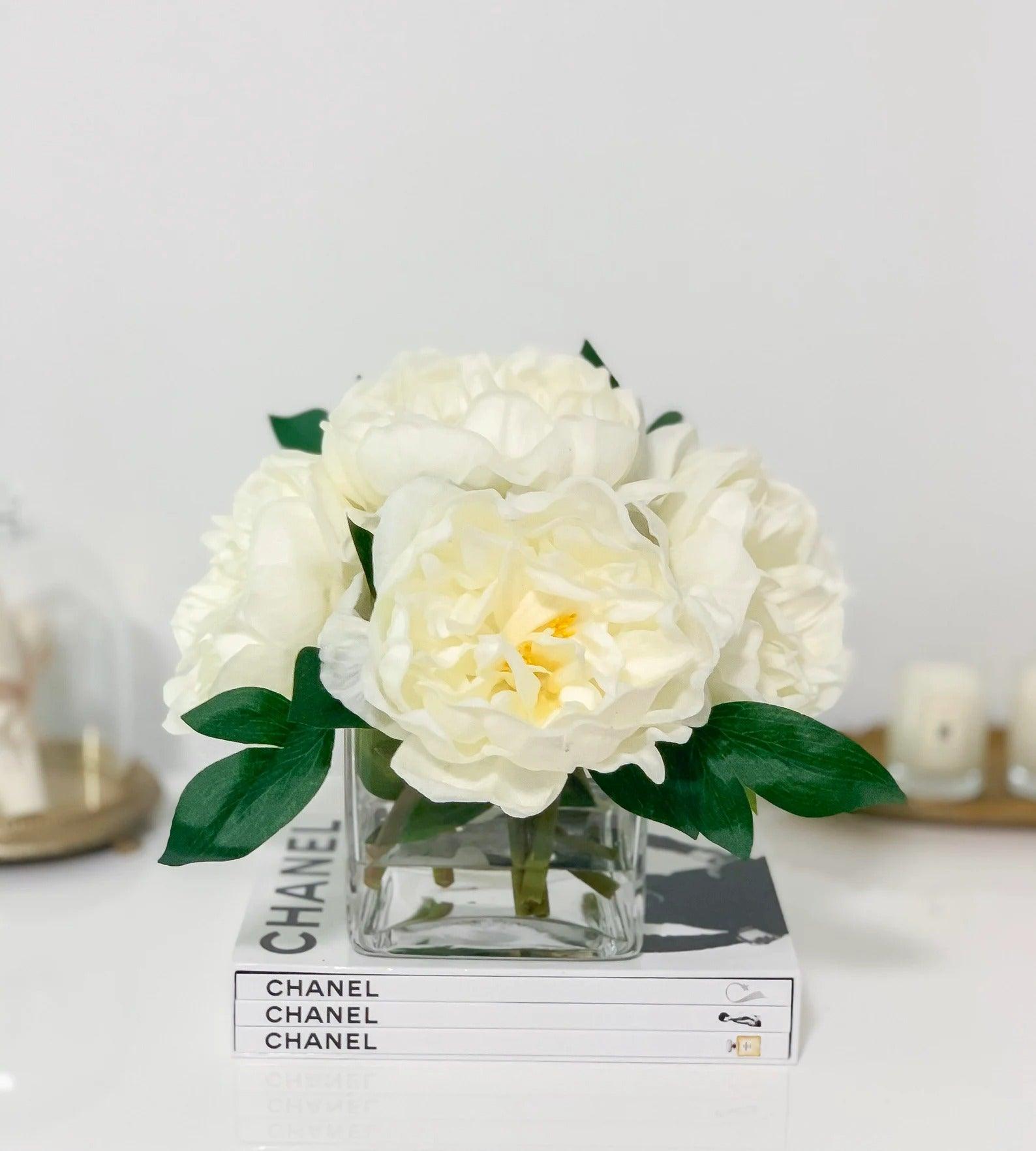 Real Touch White Large Peony Arrangement in Square Vase - Flovery Main image