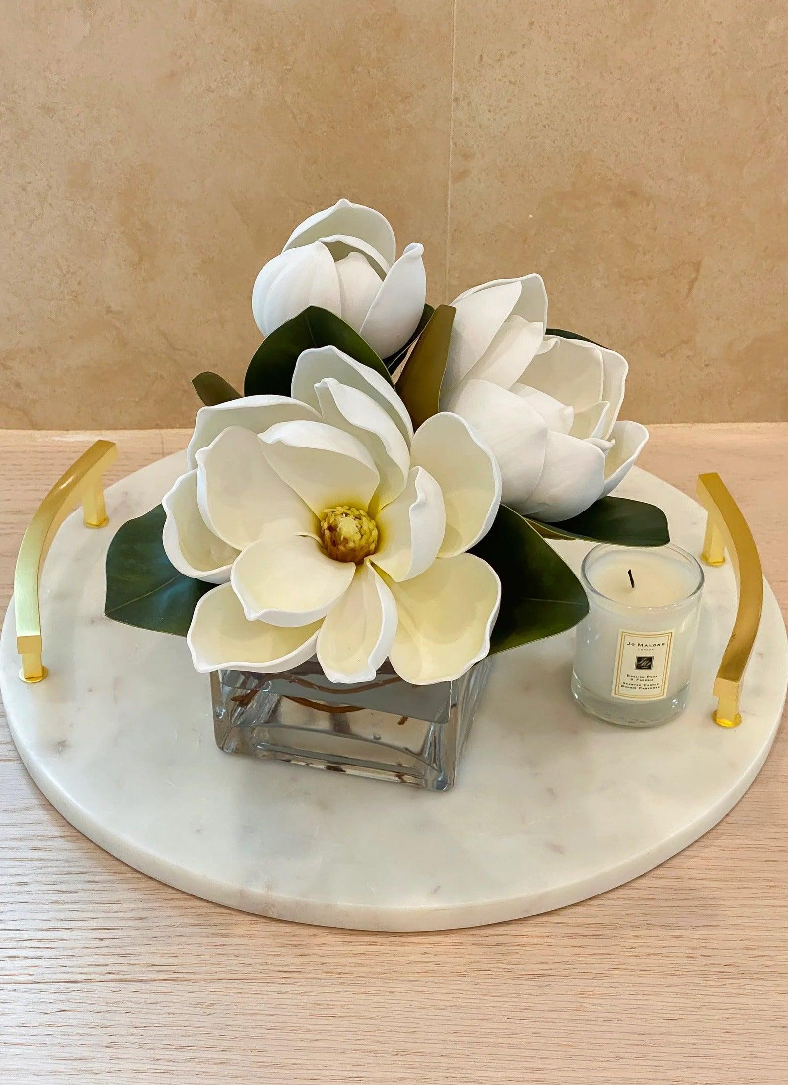 Real Touch Artificial Magnolias in Square Vase - Flovery