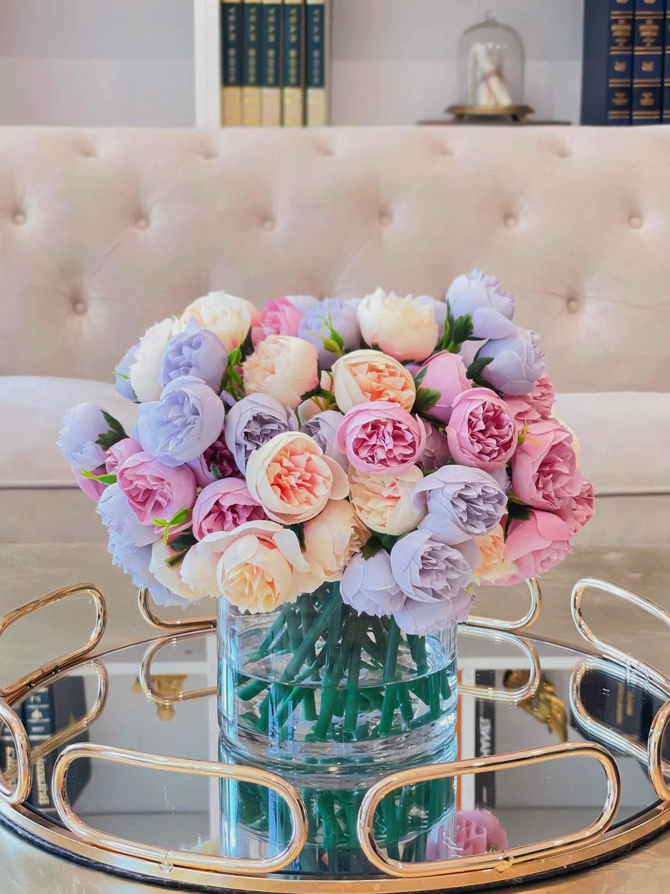 Multi-color Small Bulb Finest Peonies Medium Arrangement in Glass Vase Secondary image