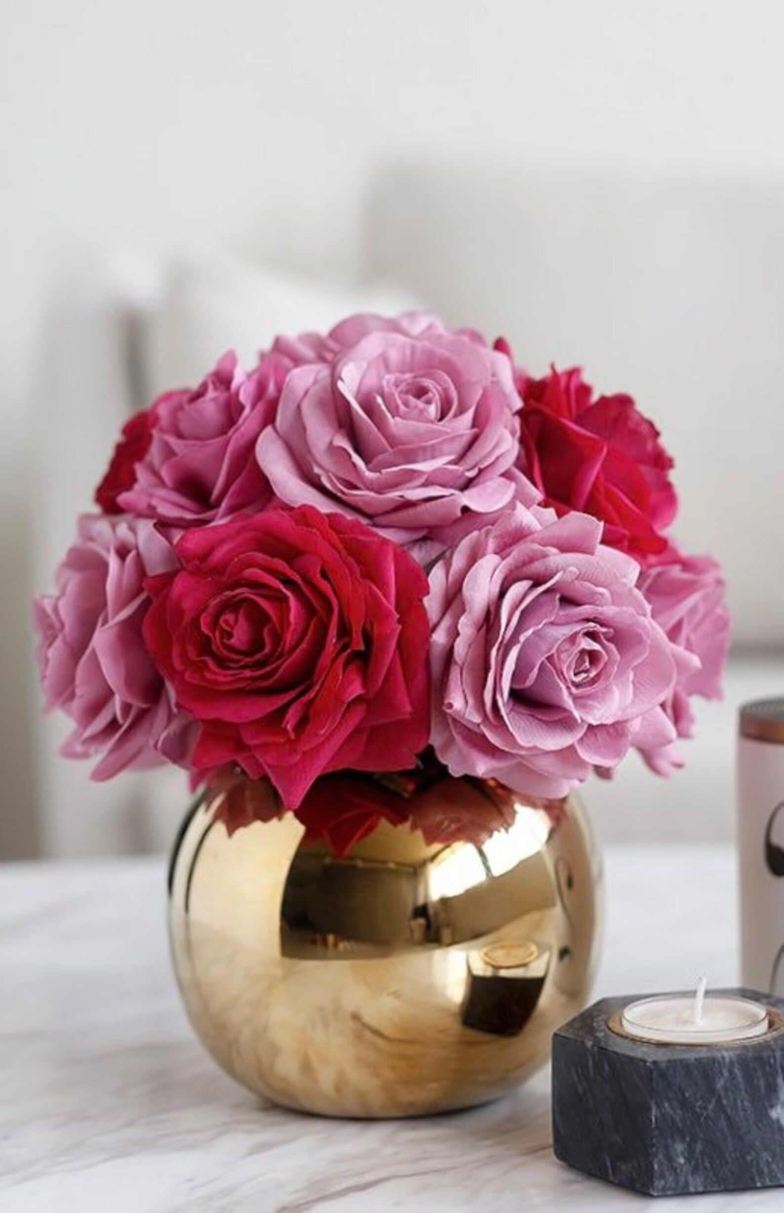 Red Silk Rose Gold Centerpiece Arrangement In Gold Vase Secondary image