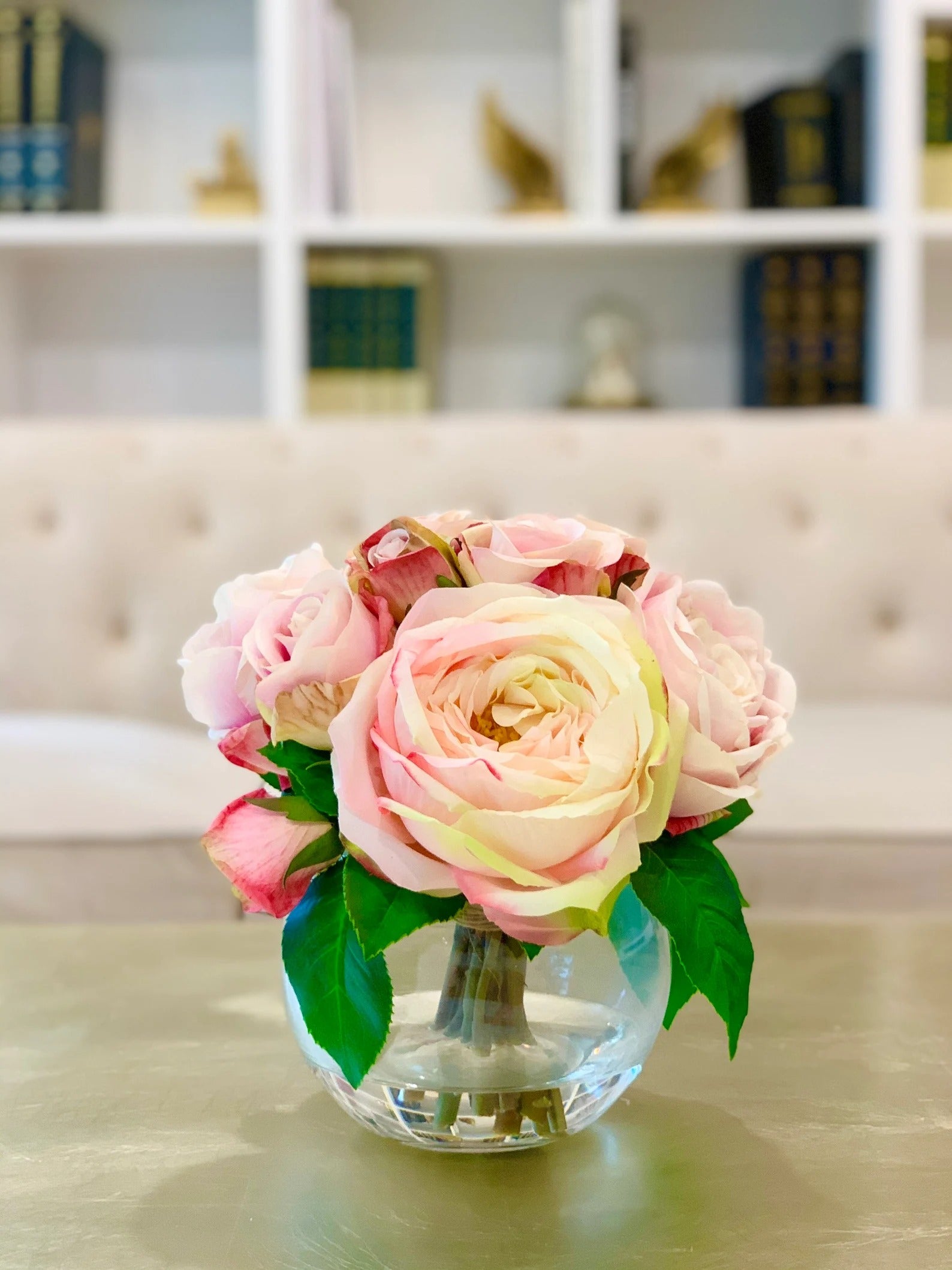 Large Silk Peony with English Rose Arrangement In Glass Vase - Flovery