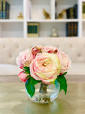 Large Silk Peony with English Rose Arrangement In Glass Vase