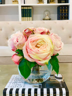 Large Silk Peony with English Rose Arrangement In Glass Vase - Flovery