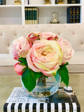 Large Silk Peony with English Rose Arrangement In Glass Vase