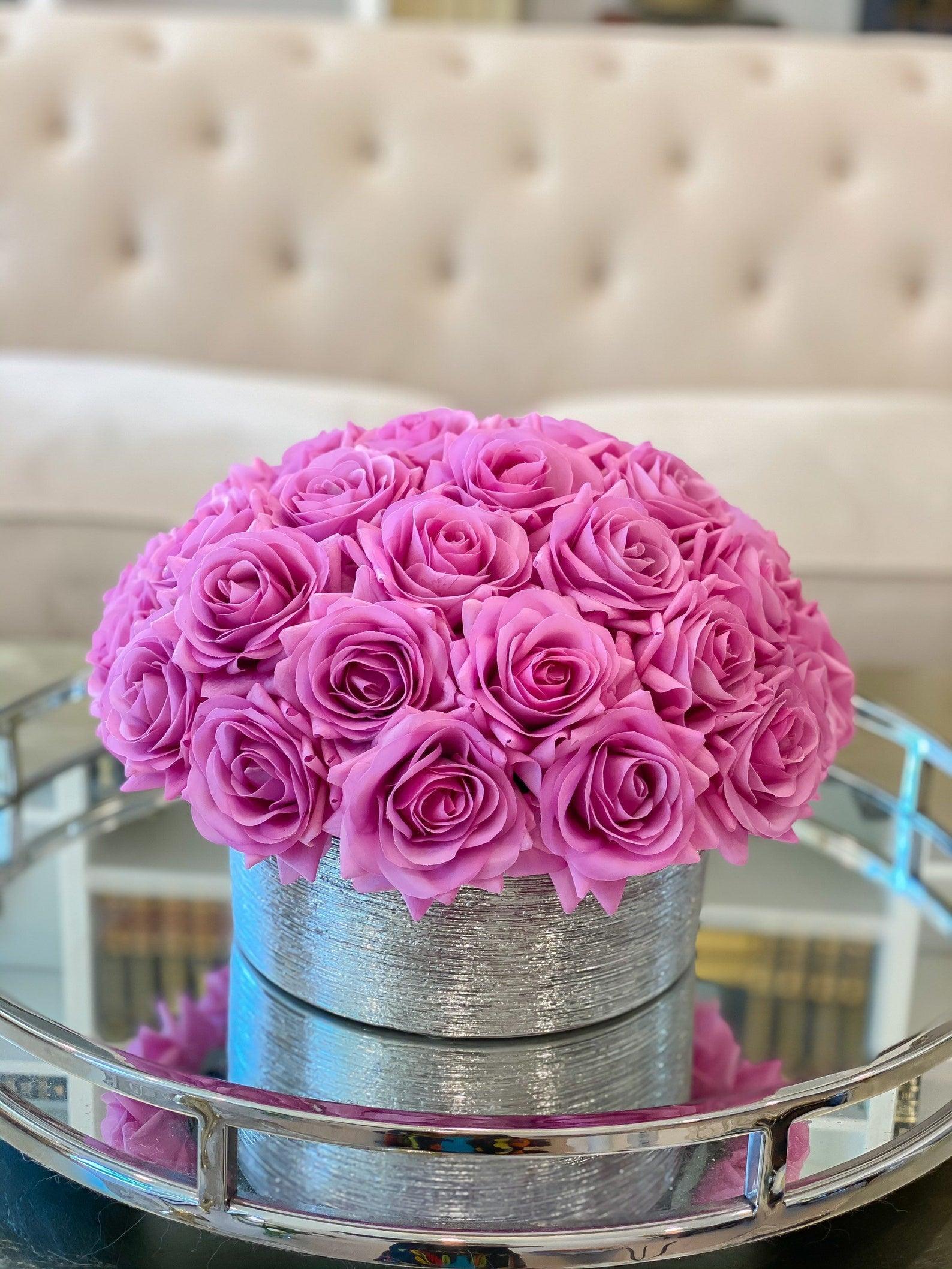 Dome Shape Real Touch Roses Arrangement in Silver Vase - Flovery