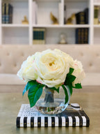 Large Silk Peony with English Rose Arrangement In Glass Vase - Flovery