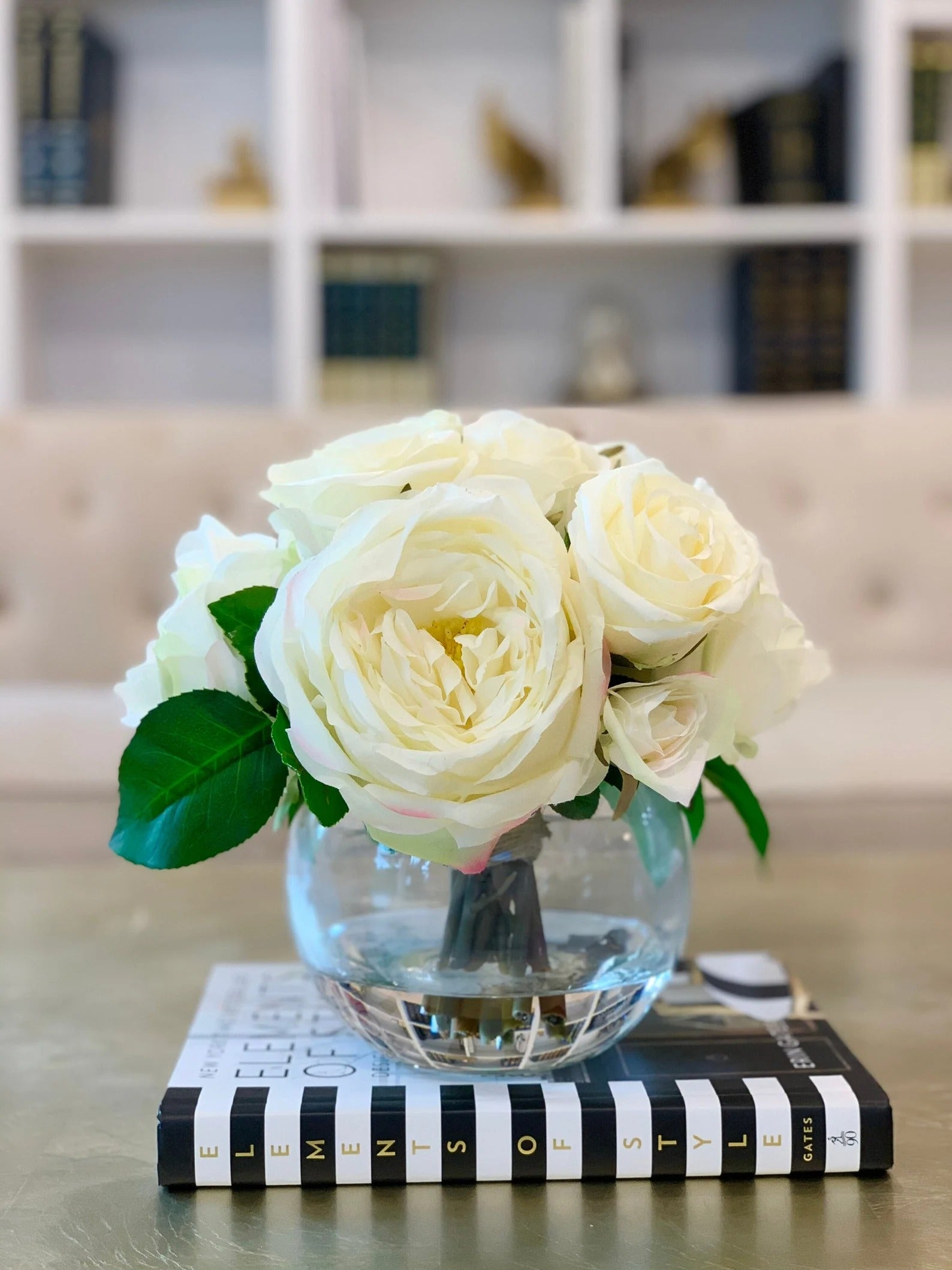 Large Silk Peony with English Rose Arrangement In Glass Vase - Flovery
