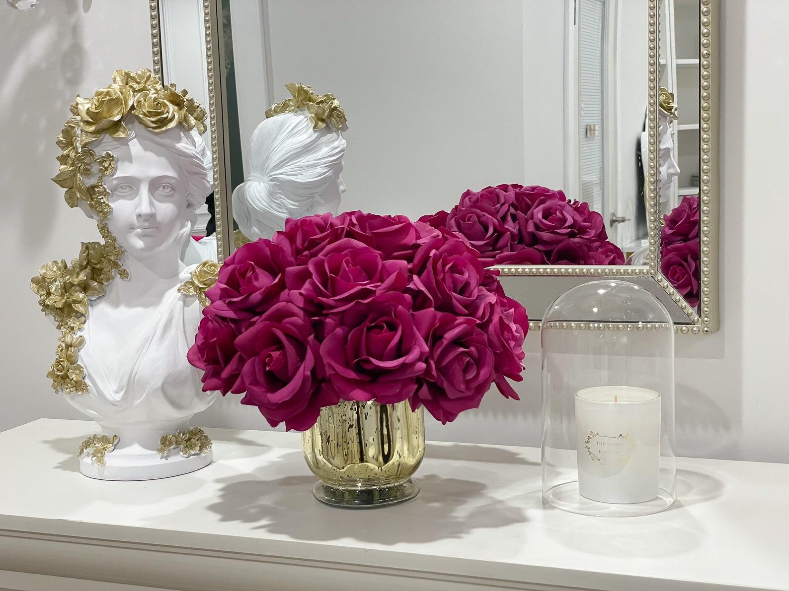 Real Touch Large Head Roses Arrangement Gold Vase Secondary image