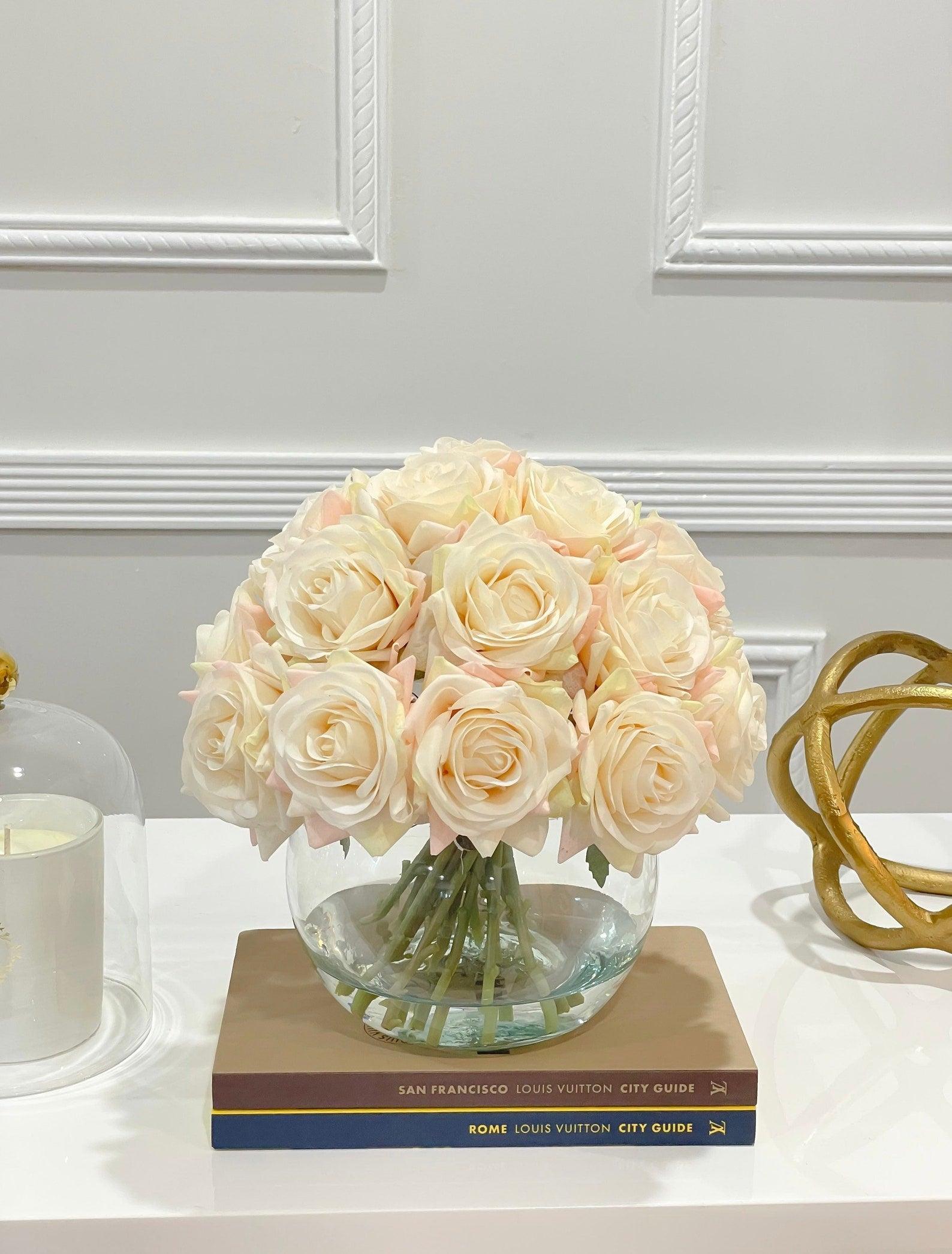 Real Touch White Rose Centerpiece Round Vase - Flovery
