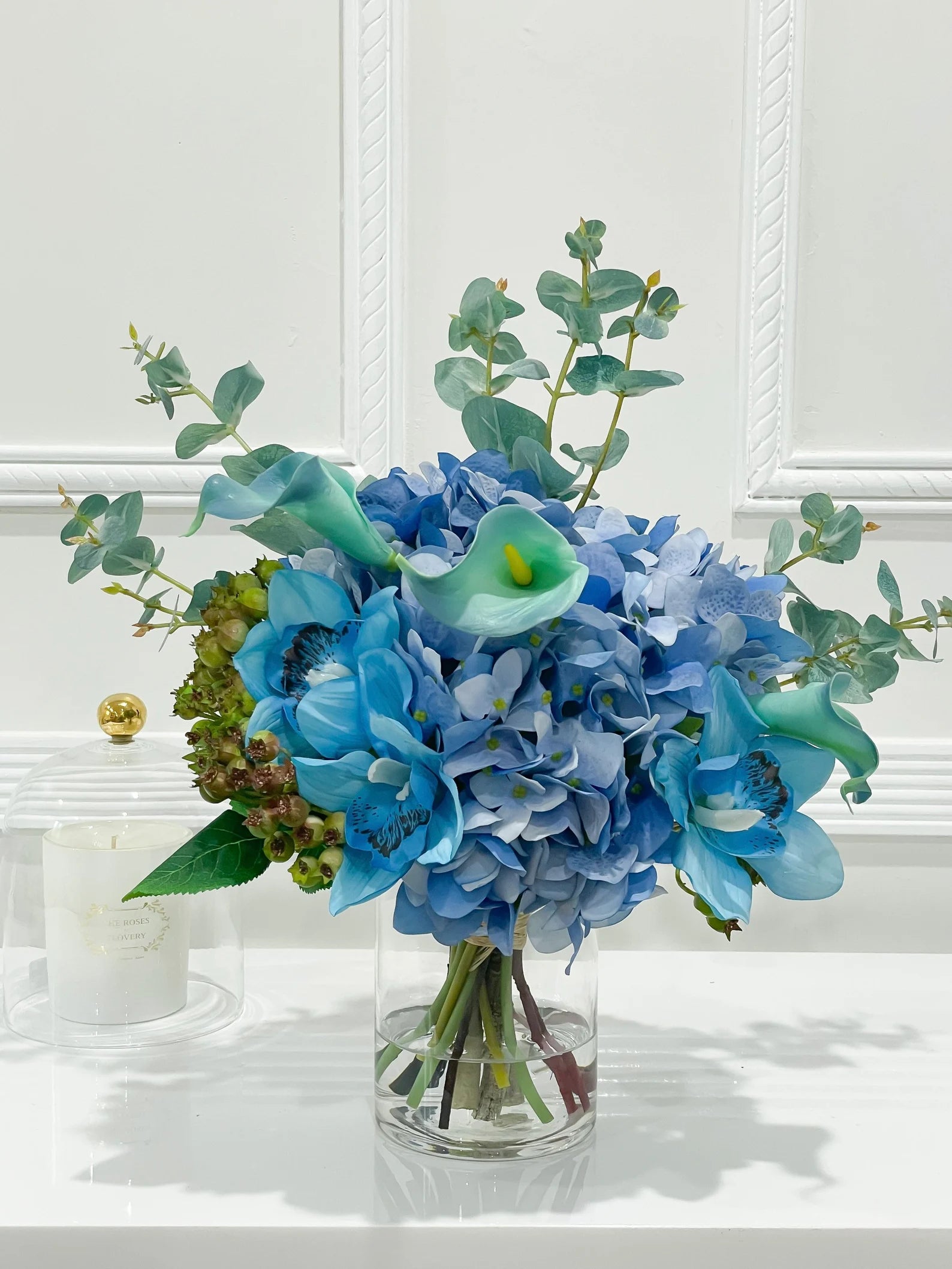 Real Touch Blue Hydrangea with Blue Calla Lily and Orchids Arrangment - Flovery