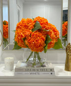 Large Real Touch Orange Hydrangea Arrangement in Round Glass Vase - Flovery