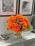Large Real Touch Orange Hydrangea Arrangement in Round Glass Vase - Flovery