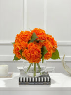 Large Real Touch Orange Hydrangea Arrangement in Round Glass Vase - Flovery
