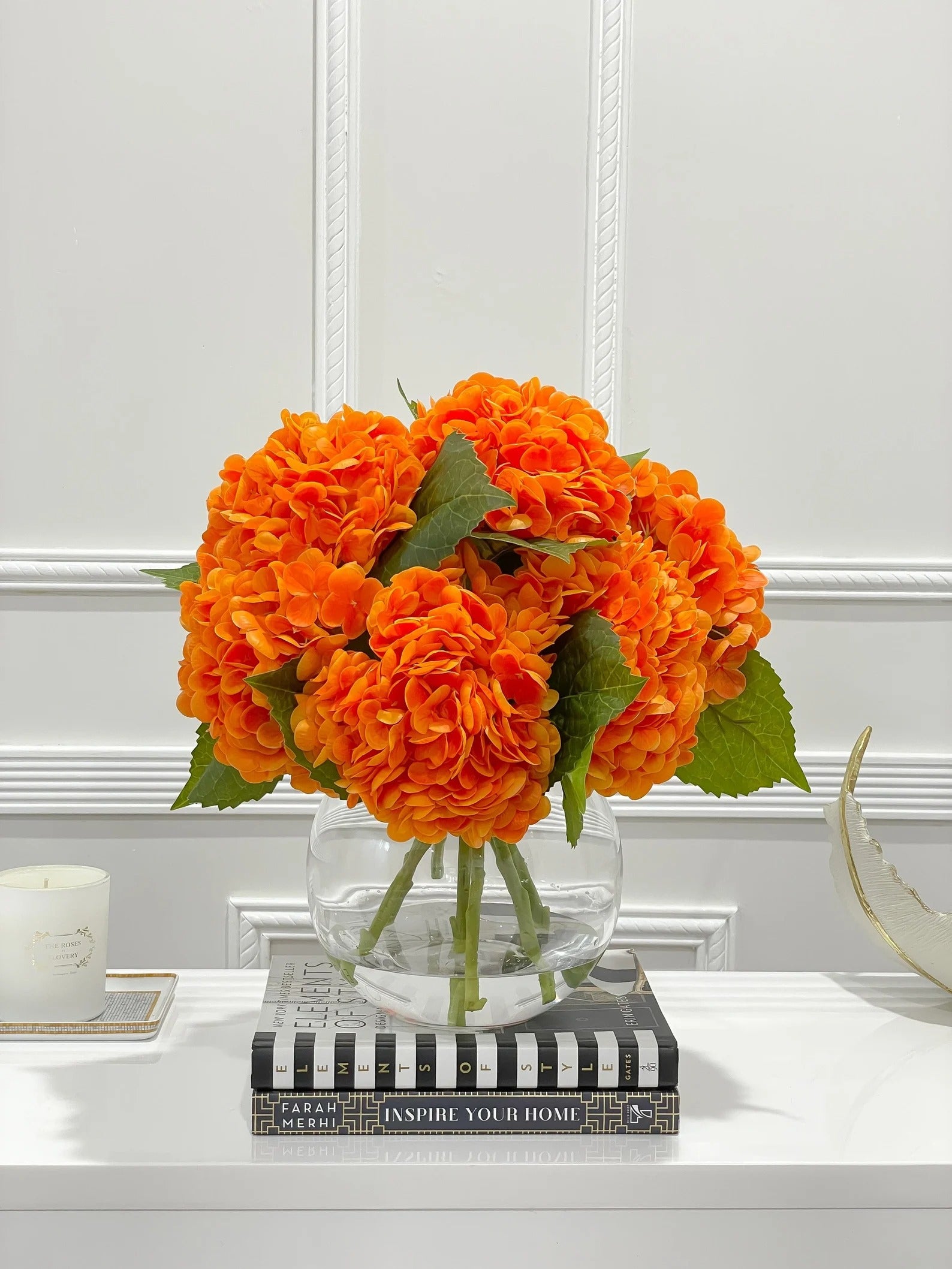 Large Real Touch Orange Hydrangea Arrangement in Round Glass Vase - Flovery