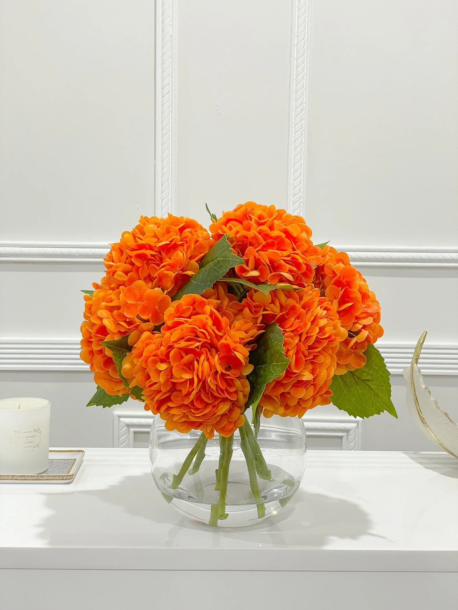 Large Real Touch Orange Hydrangea Arrangement in Round Glass Vase - Flovery