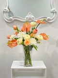 Coral Anthurium Dahlia Arrangement French Country Decor