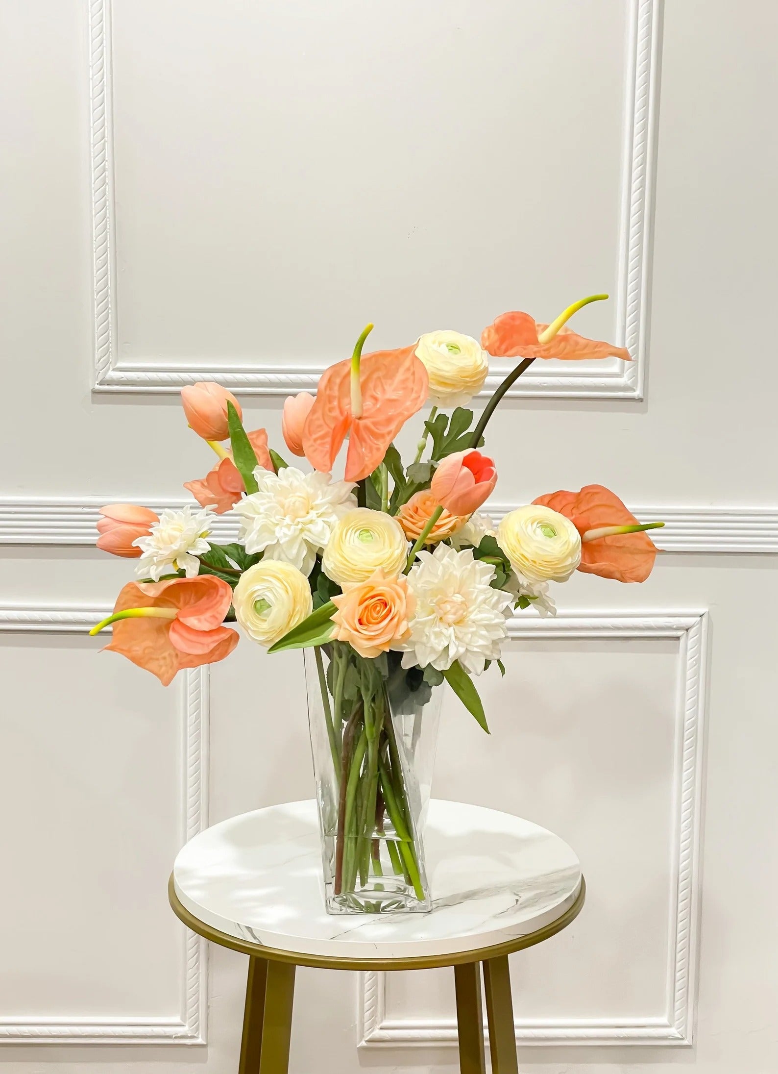 Coral Anthurium Dahlia Arrangement French Country Decor - Flovery