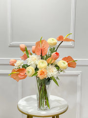 Coral Anthurium Dahlia Arrangement French Country Decor