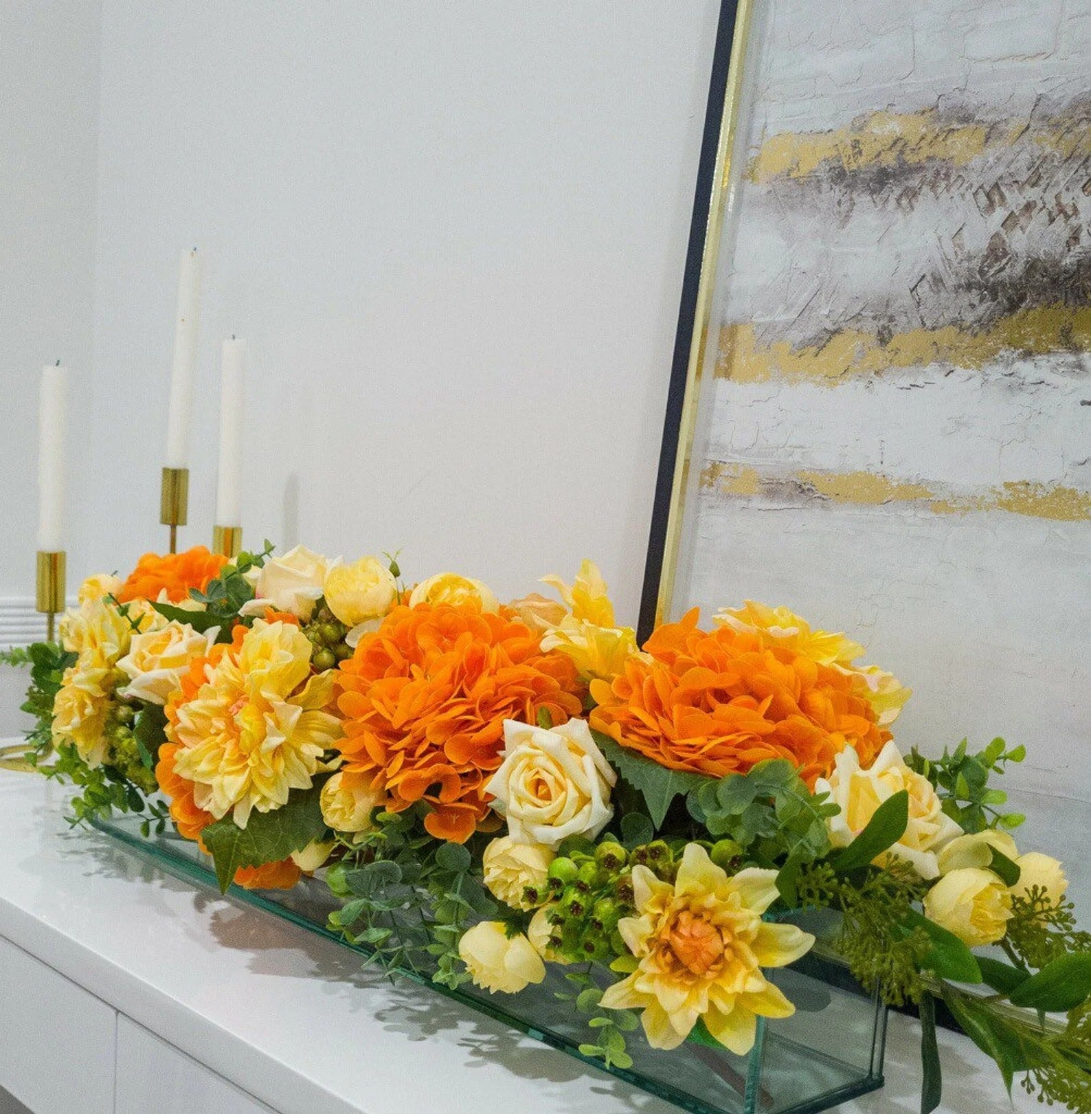 Elegant Orange Decor Modern Long Table Dahlia Centerpiece In Glass Vase - Flovery