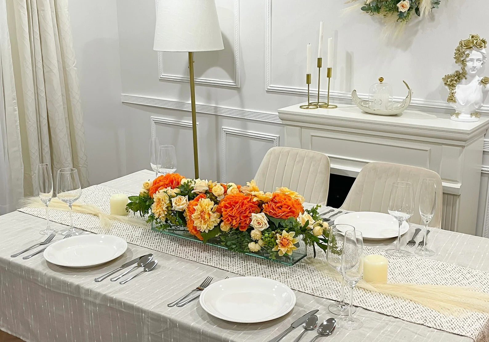 Elegant Orange Decor Modern Long Table Dahlia Centerpiece In Glass Vase