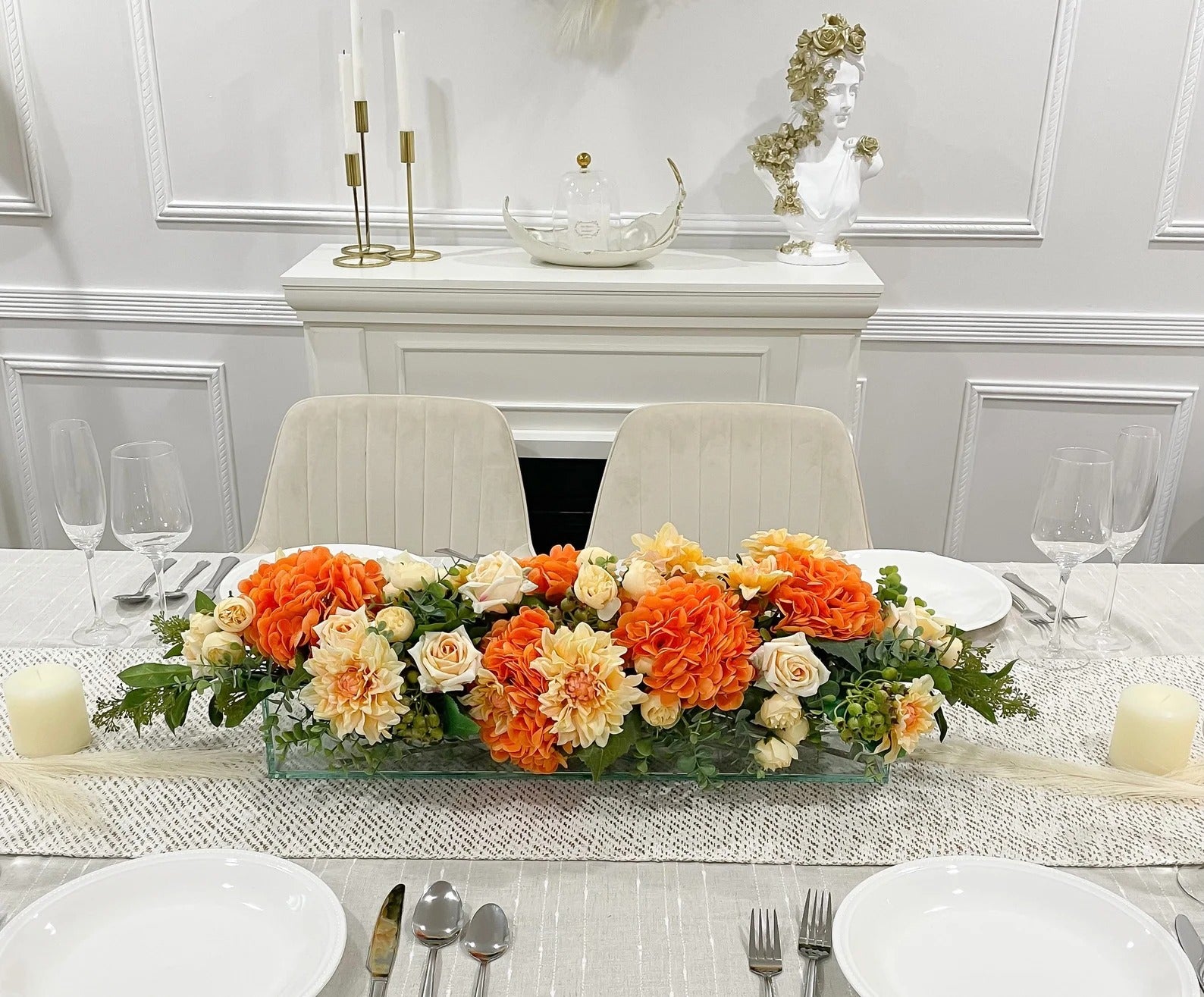 Elegant Orange Decor Modern Long Table Dahlia Centerpiece In Glass Vase - Flovery