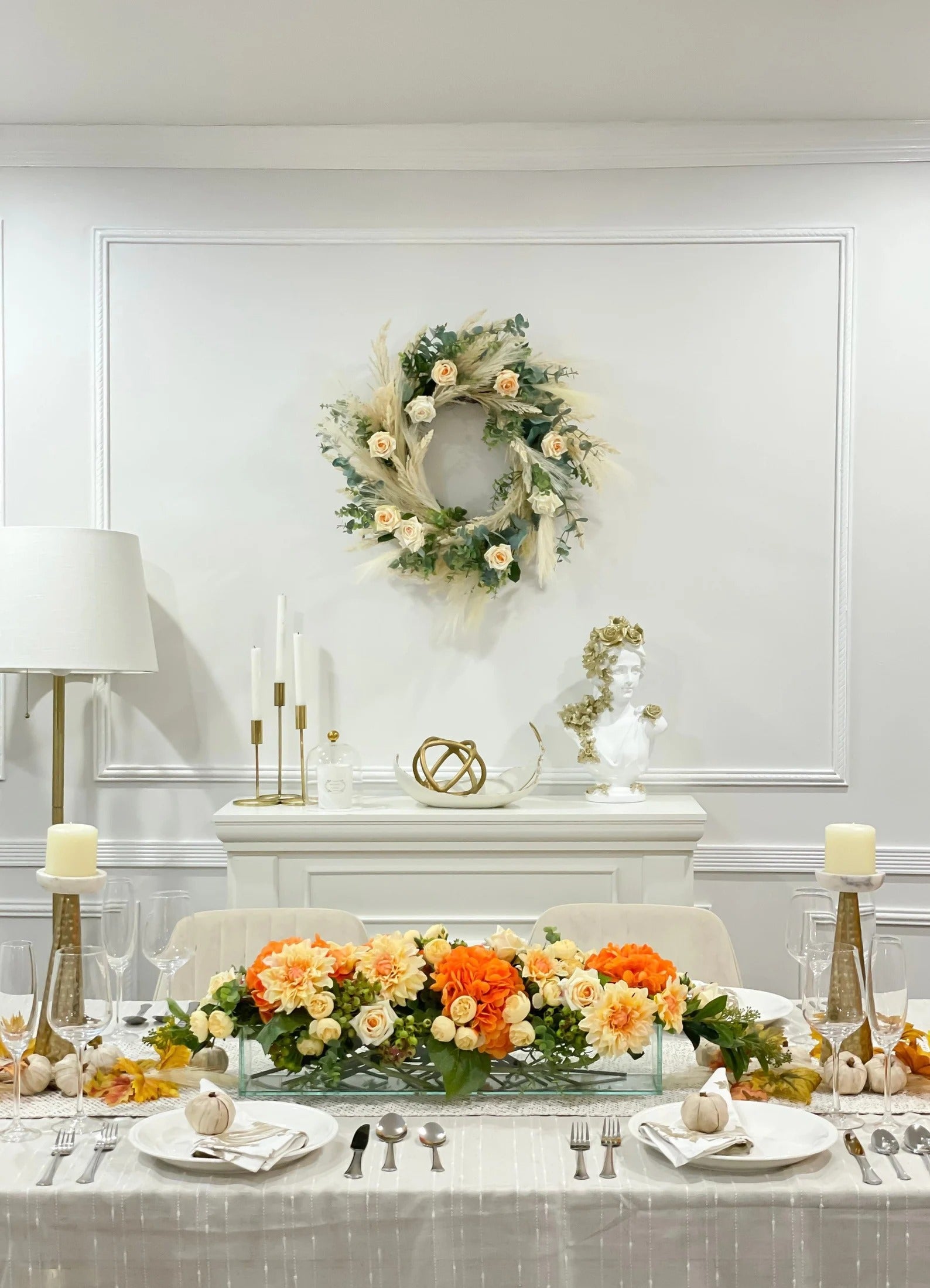 Elegant Orange Decor Modern Long Table Dahlia Centerpiece In Glass Vase Secondary image