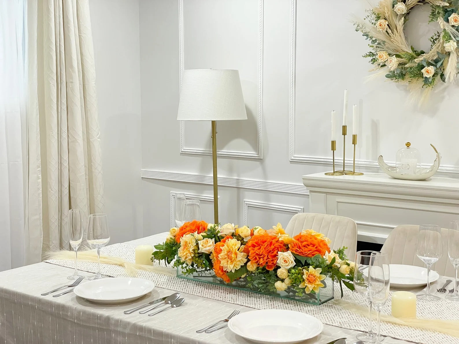 Elegant Orange Decor Modern Long Table Dahlia Centerpiece In Glass Vase - Flovery
