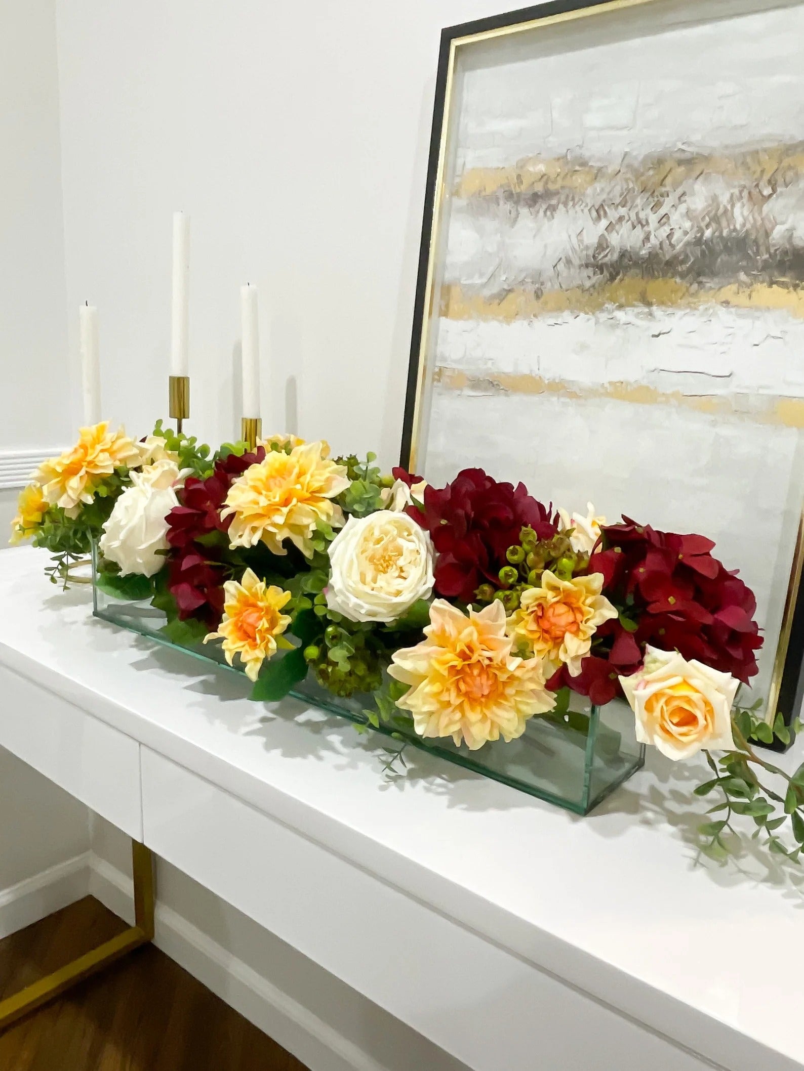 Elegant Velvet Red Decor Modern Long Table Dahlia Centerpiece In Glass Vase Secondary image